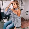 Spring Elegant Floral Tops Plain Blue Off the Shoulder Sexy Shirt Summer Blouse with Choker Y117 220402