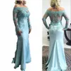 Vintage Turquoise Mother Of The Bride Dresses Off Shoulder Lace Appliques Crystal Beads Long Sleeves Mermaid Plus Size Party Dress Wedding Guest Gowns 403