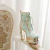 Kadın ayak bileği botları bitki çiçek desen platformu fermuarlı dantelli bayanlar ayakkabı kaba topuk metal dekorasyonu kısa 220815
