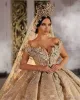 2022 shinny ball vestido vestidos de casamento champanhe off ombro de luxo cristal frisado saudita árabe Dubai vestido de noiva mais tamanho