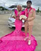 Hot Pink Feathers Mermaid Prom Dresses For Fashion Couple Sexy Full Lace Plus Size Sweep Train Evening Birthday Party Gowns Robe De Bal 322