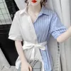 Bloups feminina camisas assimétricas de chiffon azul de túnica para mulheres listradas elegantes chiques casuais coleta de mulher de manga curta 20