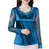 Women's Blouses & Shirts M-4XL Elegant Long Sleeve Lace Shirt Stitching Satin Blouse Fashion Women Flower Pullover Tops Casual ClothingWomen