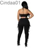 Designer Two Piece Pants Outfits Women Clothes Sexy Strapless Crop Top Chest Wrapping Lace Up Hollowed Out Bandage Suit