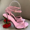 2024 Lady Sheepskin satinleather bayanlar gül tıknaz yüksek topuk sandalet ayakkabıları çapraz bağlı açık ayak parmağı peep-toe Avrupa ve Amerika podyum düğün partisi