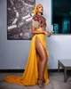 2022 Plus Size Arabic Aso Ebi Yellow Stylish Sexy Prom Dresses Beaded Sheer Neck Evening Formal Party Second Reception Birthday Engagement Gowns Dress ZJ220