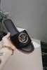 Classic Ladies Flat Sandals Fashion Alphabet Round Metal Decorative Half Slippers Leather Flip-Flops White, Black with Box 35-43