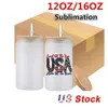 2 Days Delivery 12oz 16oz Sublimation Glass Mugs Blanks with Bamboo Lid Frosted Beer Can Glass Borosilicate Tumbler Mason Jar Cups with Plastic Straw US Stock