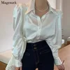 Manga de bolha coreana Botão de cetim solto Camisa de lapela elegante Camisa Tops White Chic Blush Blusas Mujer 12635 220812