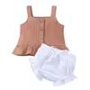 2022 verão crianças roupas de dois pedaços conjuntos ruffles suspender top + short casual conjunto conjunto tamanho 70-80-90-100 para menina