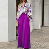 Kvinnors tvåbitar byxor Hösten Loose Casual Long Sleeve Puff Printed Shirt Top Elegant Wide Leg Set Womens Office Wearwomen's