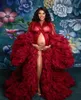 Dark Red Prom Dresses Elegant Women's Long Maternity Dress with Bow Ruffles Long Sleeve Evening Gowns Photoshooting Robes