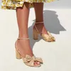 Bow Stylish Comfortable Ivory Wedding Shoes for Bride Chunky High Heel Women Sandals Summer Open Toe Flock Cloth Block Ladies Party Evening Sandal Solid Color