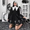 Sukienki swobodne Helisopus Gothic College Style JK Cosplay Sukienka Czarna harajuku High Taist Cross Haftowa Punk E Girl Party