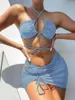 3 Pieces Mesh Skirt Swimsuit Women Halter Micro Bikini High Waist Swimwear Sexy Solid Beachwear Bathing Suit Biquini 220622