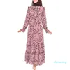 Ethnic Clothing Print Dresses Women Fashion Floral Bow Collar Frill Design Flare Sleeve Belted Swing Soft Robe Muslim Party 2022Ethnic