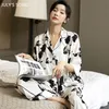 Juli-Song-Pyjamas Set 2 Stück Frauen Nachtwäsche Satin Silk Rose Print Eleganter Pyjama Lange Hose Frühling Sommer 220329