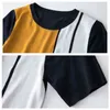 2022 Is Silk Kortärmad Kvinnor Bomull Pullover Striped Grid Loose Patchwork Sticka T-shirts Lady Yellow Navy O-Neck Elegant