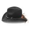 Moda mężczyźni wełna wełna mieszanka Western Cowboy Cowboy Cap Wide Brim Sombrero chrzesto -ojciec czapki czapki jazz hat tauren skórzany zespół255f