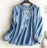 Women's Blouses & Shirts Spring And Autumn Fashion O-neck Denim Blouse Lace-up Embroidered Shirt Tops LooseWomen's