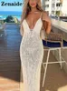 ZENAIDE 2022 Yaz V Boyun Örme Plaj Elbise Bodycon Askı Oymak Seksi Maxi Backless Elbiseler Beyaz Kadınlar Kulübü Kıyafetler Y220413
