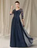 Dark Navy A-Line Mère de la robe de mariée élégante col en V longueur de plancher en mousseline de soie dentelle pailletée demi manches Avondjurken robes de soirée Robe De Soriee