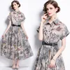 2022 Summer Printed Button Shirt Dress Short Sleeve Women Designer Elastic Waist Lapel Runway Black Midi Dresses Casual Women Clothes Party Slim A-Line Classic Frock