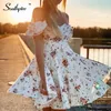 Southpire Bohe Flower Print White Dres 's Short Puff Sleeve Zipper Mini Sundress Elegant Summer Dress Ladies Clothing 220601