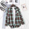 HSA Automne Printemps Plaid Flanelle Chemise Femmes Blouses Et Tops Rétro Coton Dame Lâche Outwear Coréen Tops Femme 210716