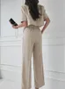 Office Lady Blazer Suits Summer Two Piece Set Women Short Sleeve Jacket Crop Top Wide Leg Pants Korean Ensemble Femme 2 Pieces 220812