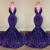 2022 Sexy Roxo Sparkly Lantejoulas Renda Vestidos de Noite desgaste Sexy Backless Halter profundo pescoço Meninas africanas Mermaid Lantejoulas Mulheres Formal Prom Festa Vestidos