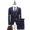 Men's Wedding Plaid Blue Gray Blazers Jacket Pants Vest 3 Pcs Set 202 Slim Fit Business Tuxedo Dress Classic Formal Suits Coat 220815