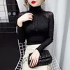 Korean fashion Women Mesh top High neck Sexy Black bottoming t shirt Casual Bright silk Lady shirt Blusa 220408