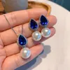 Orecchini Collana di lusso blu zirconi cubici perle fresche Set di gioielli orecchini di fidanzamento matrimonio per le donne gioielleria raffinataOrecchini