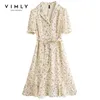 VIMLY été robe florale femmes élégant col en V pansement robes Vintage bureau dames manches bouffantes une ligne en mousseline de soie longue robe F7505 220516