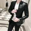 Сплошной черный приталенный пиджак Hombre из искусственной кожи, мужская куртка на одной пуговице, деловые повседневные пиджаки для выпускного вечера для мужчин, корейский костюм, пальто 220514