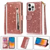 Glitter Leather Leather zipper Wallet Case Slot Photo Frame Card Cover TPU حزام مجاني لـ IPHON