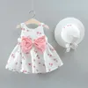 Meisjesjurken Kinderen Zomer Baby Girls Mouwloze Cherry Dot Big Bow Print Floral Dress Princess Rok met hoedkleding