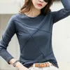 Ribbed Spring Fashion Bamboo Cotton T-Shirt Autumn Women O-Neck Loose Simple Purple Shirt Long Sleeve Lady Green Top 17279 220402