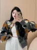 Vintage 3D Blumen Strickjacke Kurze Jacke Frauen Koreanische Langarm Mantel Herbst Winter Elegante Outwear Top