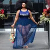 Plus Size Dresses Sleeveless Blue Dress S-5xl Women Summer Mesh Pearls Transparent Sexy Bohemian Maxi Drop