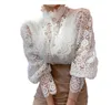 3XL 2022 Camicie da donna Camicetta estiva moda Petalo manica colletto alla coreana Pizzo floreale Scava fuori Camicie casual Mujer Blusas Top