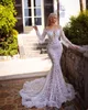 Robe de mariée sirène de luxe brillante, en dentelle, perles, paillettes, pompon, manches longues, cristal, longueur au sol, sur mesure