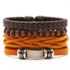 Beaded Strands 3-4pcs/set Wood Beads High Grade Genuine Leather Cross Charm Men Bracelets For Women Homme Femme Male Female Jewelry Trum22