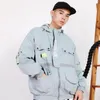 Jaquetas masculinas lacible multi bolsos carta impressa casaco com capuz techwear retalhos jaqueta de carga harajuku casual hip hop masculino streetwear