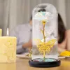 Couronnes de fleurs décoratives LED Rose éternelle s'allument dans un dôme en verre Fleur artificielle pour toujours avec feuille d'or Papillon Cadeaux uniques pour maman