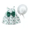 Meisjesjurken Kinderen Zomer Baby Girls Mouwloze Cherry Dot Big Bow Print Floral Dress Princess Rok met hoedkleding