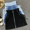 Denim A-line lace-up skirt front ring zipper fashion empire mini skirt bottoms 220322