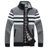 Men's Sweaters Knitted Fleece Sweater Men Striped Cardigans Coats Winter Thick Warm Wool Jacket Sweatercoat Stand Collar Knitwear Male Cloth