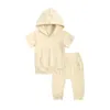 Summer Kids Hoodie Clothing Sets Casual Pocket Short Sleeve Hooded Top + Pants 2Pcs/Set Outfits Boutique Children Boy And Girls Solid Suits